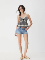 Cotton-blend Floral Lace Panel Peplum Hem Cami Top