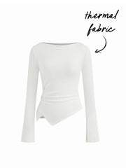 Cotton-blend Boat Neck Ruched Asymmetrical Hem Long Sleeve Tee