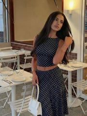 Boat Neck Polka Dot Top & Ruffle Hem Mid Rise Skirt Set