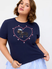 Cotton-blend Heart & Dog Graphic Embroidery Short Sleeve Top Curve & Plus