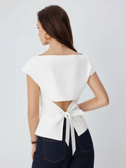 Linen-blend Boat Neck Ruched Cut Out Tie Back Top