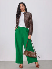 Cropped High Rise Pleated Wide Leg Trousers