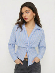 Cotton-blend Striped V-Neck Twist Knotted Long Sleeve Blouse