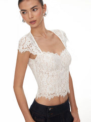 Cotton-blend Lace Scoop Neckline Short Sleeve Top
