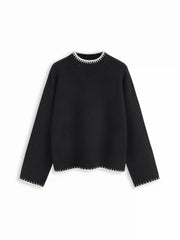 Knit Round Neckline Contrasting Binding Long Sleeve Top
