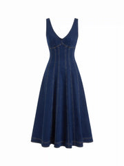 Stretch Denim V-neck Washed Pleated A-line Midi Dress
