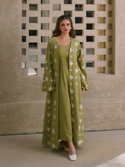 Two Pieces Square Neck Maxi Dress & Floral Embroidery Bell Sleeve Open-front layer