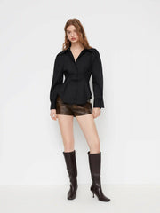 Cotton-blend Pleated Cinched Waist Puff Sleeve Shirt