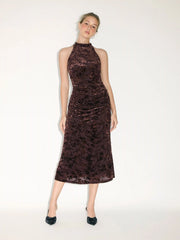 Velvet Halter Neckline Floral Ruched Midi Dress