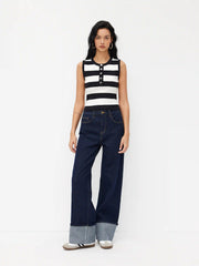 Knit Round Neckline Stripe Metal Button Tank Top