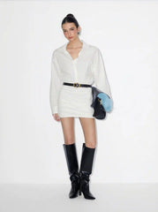 Cotton-blend Collar Ruched Long Sleeve Mini Dress