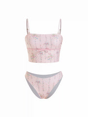 Fruit & Gingham Square Neck Bowknot Bandeau Bikini Set