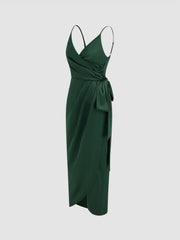 Satin V-neck Wrap Knotted Maxi Dress
