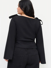 Boat Neck Bowknot Ruched Long Sleeve Top Curve & Plus