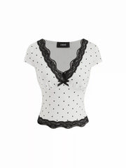 Cotton-blend Polka Dot V-neck Short Sleeve Lace Trim Bowknot Top