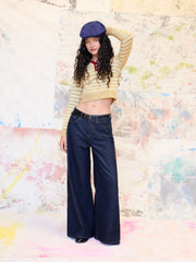 Knit Polo Collar Stripe Contrast Binding Long Sleeve Top