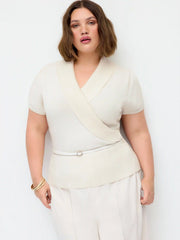 Knit V-neck Wrap Short Sleeve Top With Belt Curve & Plus