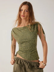Jacquard Boat Neck Drawstring Ruched Asymmertrical Top