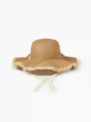 LACE & FRINGED RAFFIA TRIM STRAW HAT