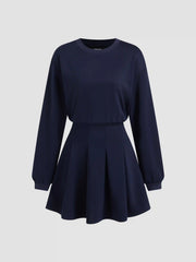 Round Neckline Pleated Long Sleeve Mini Dress