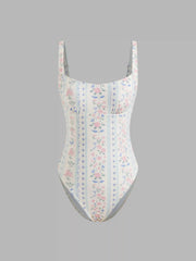 Shaping U-neckline Floral One Piece Swimsuit