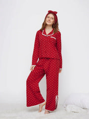 Cotton-blend Polka Dot Lace Trim Top & High Rise Bowknot Wide Leg Trousers Loungewear Set