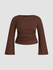 Boat Neck Solid Ruched Long Sleeve Tee Curve & Plus