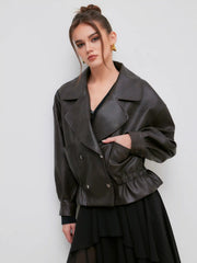 Oversized Faux Leather Ruffle Hem Double Breasted Jacket