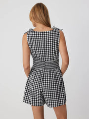 Cotton-blend Gingham Boat Neck Tie Shoulder Shirred Mid Rise Romper