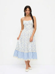 Ditsy Floral Striped Ruched Lace Panel Tiered Cami Maxi Dress