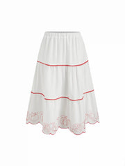 Linen-blend Fruit Embroidery Tiered Scalloped Midi Skirt