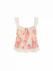 Chiffon Abstract V-neck Lace Trim Bowknot Cami Blouse