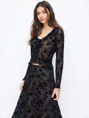Mesh V-neck Floral Ruffle Hem Knotted Top & Mid Rise Maxi Skirt Set