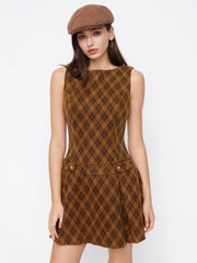 Wool-look Boat Neck Plaid Pleated Mini Dress
