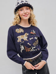 Knit Round Neck Puppy Contrasting Binding Cropped Sweater