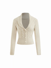 Cable Knit Collar V-neck Button Cardigan