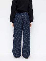 Mid Rise Polka Dot Elastic Waist Drawstring Straight Leg Trousers