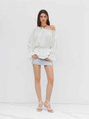 Asymmetrical Neck Lantern Sleeve Knotted Blouse