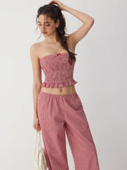 Cotton-blend Gingham Shirred Strapless Top & Low Rise Straight Leg Trousers Set