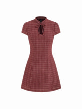 Cotton-blend Mandarin Collar Tartan Cut Out Bowknot Puff Sleeve Mini Dress