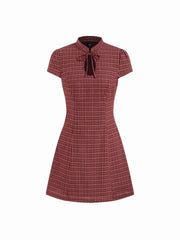 Cotton-blend Mandarin Collar Tartan Cut Out Bowknot Puff Sleeve Mini Dress