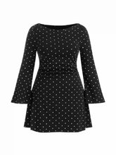 Cotton-blend Boat Neck Polka Dot Ruched Bell Sleeve Mini Dress Curve & Plus