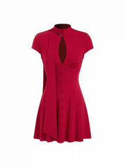 High Stretch Solid Stand Collar Cut Out A-line Mini Dress With Scarf
