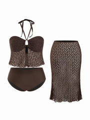 Lace Halter Neck Tankini & Full Coverage Bikini Bottoms With Sheer Skirt Three-piece Bikini Set Curve & Plus