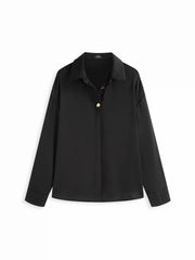 Satin Collar Long Sleeve Metal Button Oversized Shirt