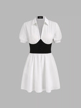 Collar V-neck Two Tone Ruffle Solid Mini Dress