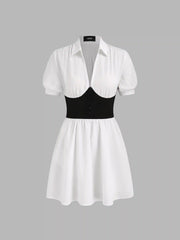 Collar V-neck Two Tone Ruffle Solid Mini Dress