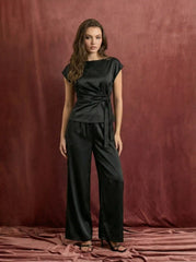 Satin Boat Neck Draped Top & Mid Rise Elastic Waist Wide Leg Trousers Set
