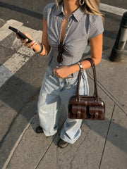 DOUBLE POCKET BOSTON FAUX LEATHER SHOULDER BAG