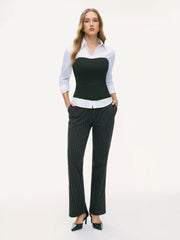 Jersey Mid Rise Striped Pocket Flared Trousers